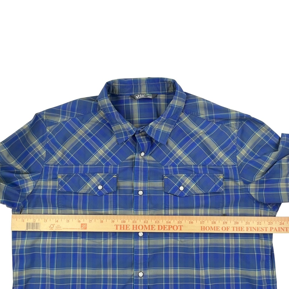 Stio Mens Eddy Short Sleeve Shirt Blue Plaid Pearl Snap Western 200141 Large - Picture 5 of 8